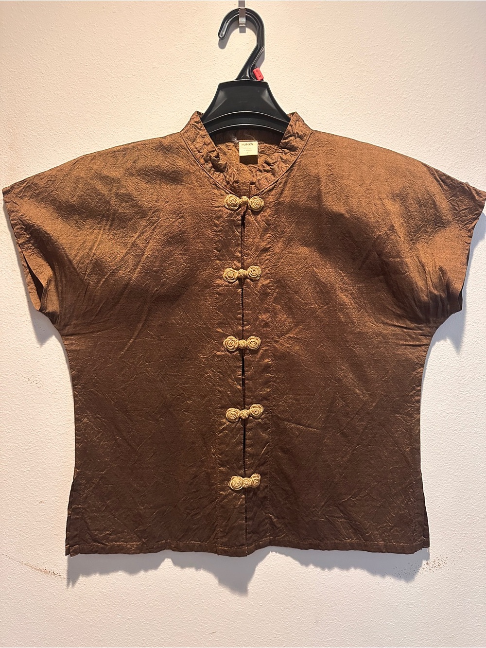Women's Brown Short-Sleeve Button-Down Mandarin Collar Shirt